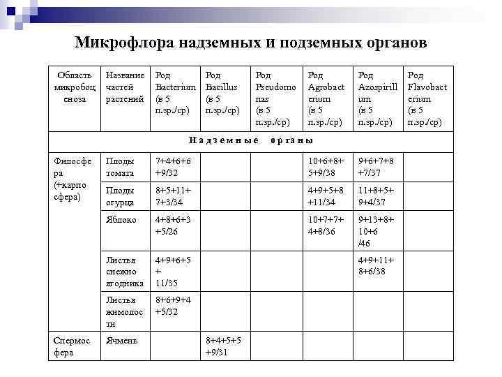 Микрофлора надземных и подземных органов Область микробоц еноза Название частей растений Род Bacterium (в