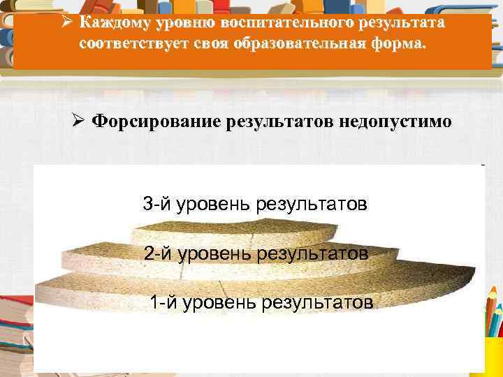 Ø Каждому уровню воспитательного результата соответствует своя образовательная форма. Ø Форсирование результатов недопустимо 3
