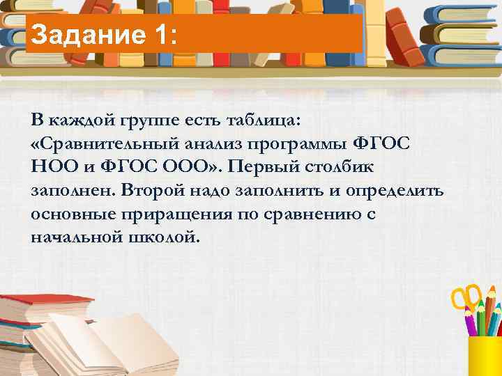 Задание 1: В каждой группе есть таблица: «Сравнительный анализ программы ФГОС НОО и ФГОС