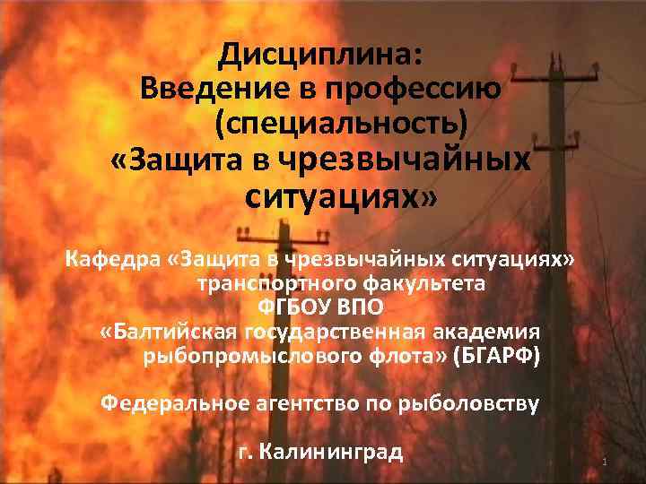 Дисциплина: Введение в профессию (специальность) «Защита в чрезвычайных ситуациях» Кафедра «Защита в чрезвычайных ситуациях»