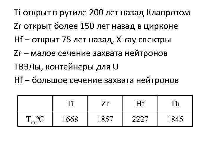 Ti открыт в рутиле 200 лет назад Клапротом Zr открыт более 150 лет назад