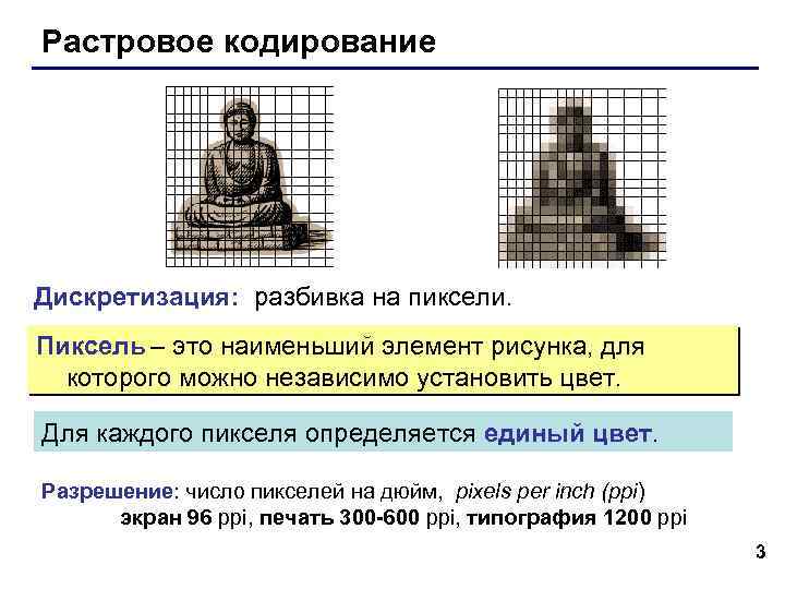 Растровое кодирование Дискретизация: разбивка на пиксели. Пиксель – это наименьший элемент рисунка, для которого