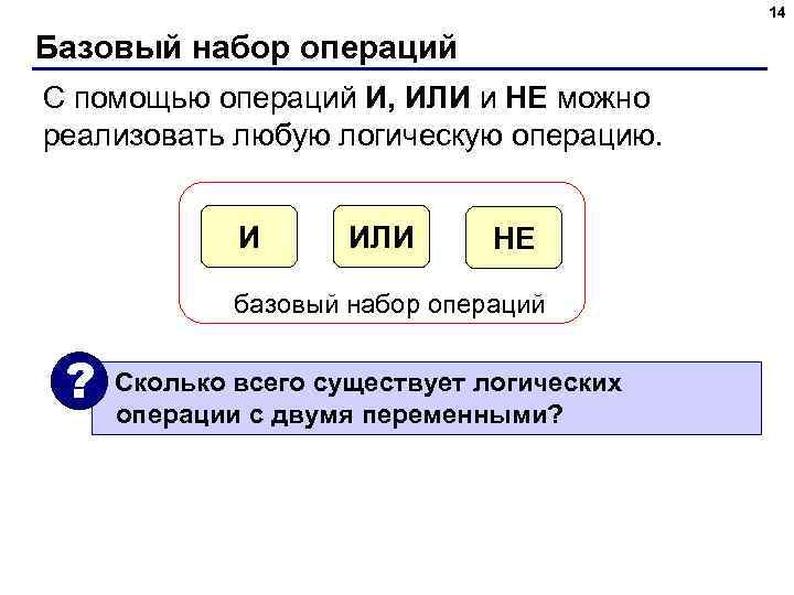 14 Базовый набор операций С помощью операций И, ИЛИ и НЕ можно реализовать любую