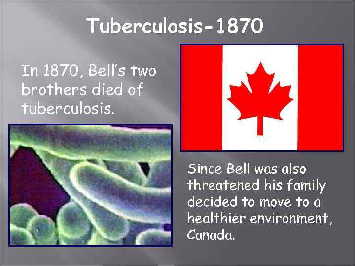 Tuberculosis-1870 In 1870, Bell’s two brothers died of tuberculosis. Since Bell was also threatened