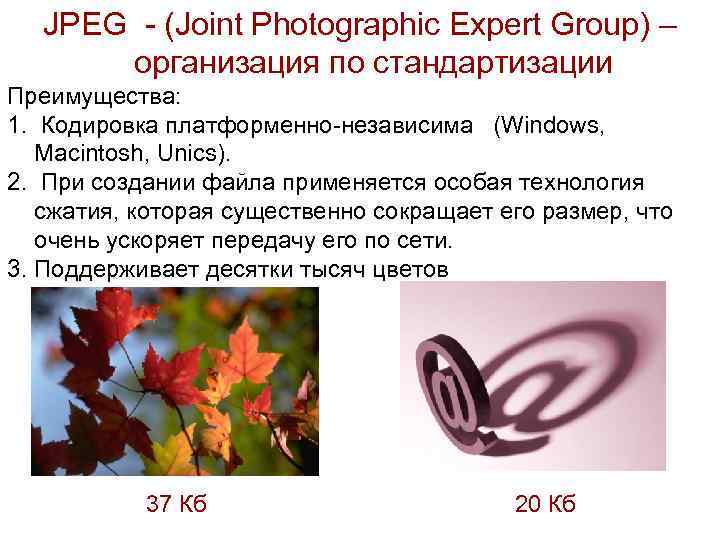 JPEG - (Joint Photographic Expert Group) – организация по стандартизации Преимущества: 1. Кодировка платформенно-независима