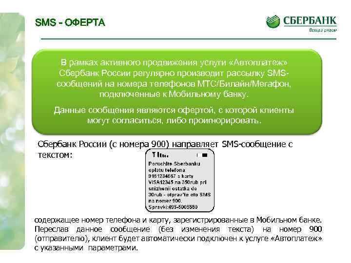 SMS - ОФЕРТА В рамках активного продвижения услуги «Автоплатеж» Сбербанк России регулярно производит рассылку