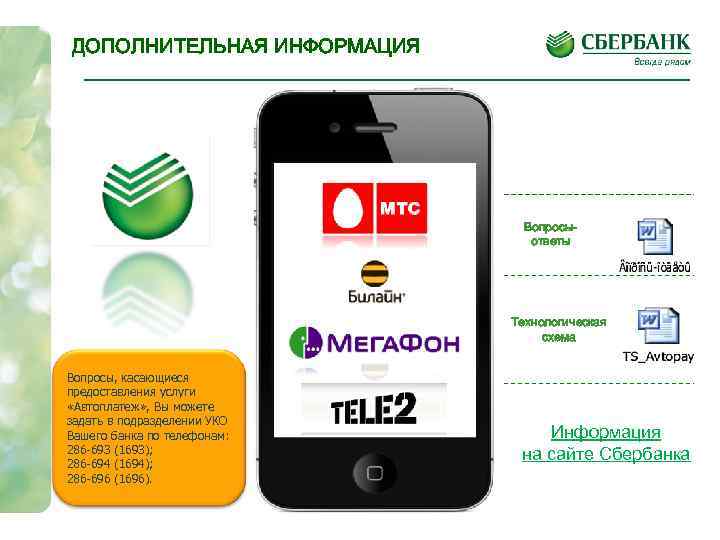 ДОПОЛНИТЕЛЬНАЯ ИНФОРМАЦИЯ Вопросыответы Технологическая схема Вопросы, касающиеся предоставления услуги «Автоплатеж» , Вы можете задать
