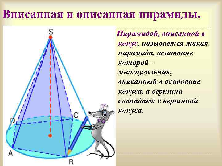 Вписанная и описанная пирамиды. Пирамидой, вписанной в конус, называется такая пирамида, основание которой –