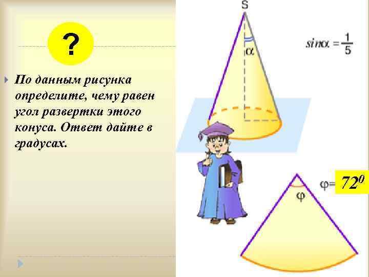 ? По данным рисунка определите, чему равен угол развертки этого конуса. Ответ дайте в