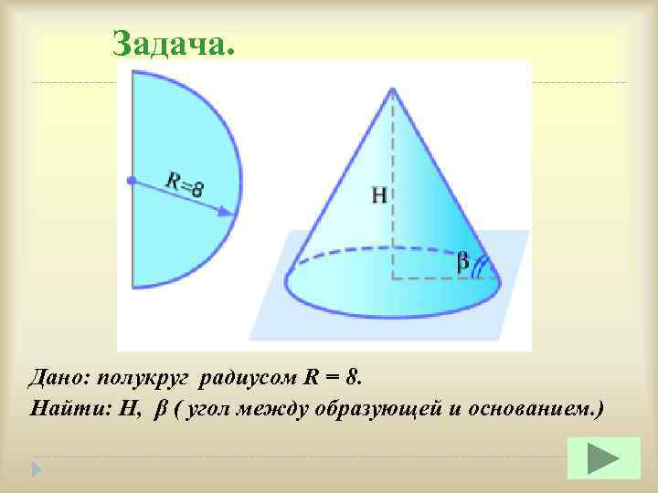 Задача. Дано: полукруг радиусом R = 8. Найти: Н, β ( угол между образующей