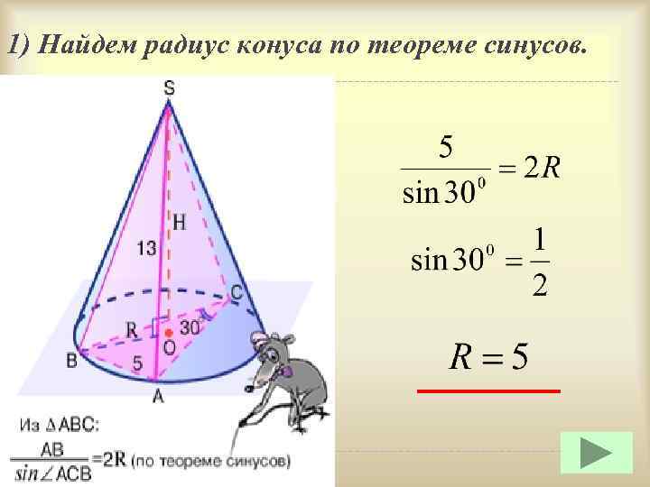 1) Найдем радиус конуса по теореме синусов. 