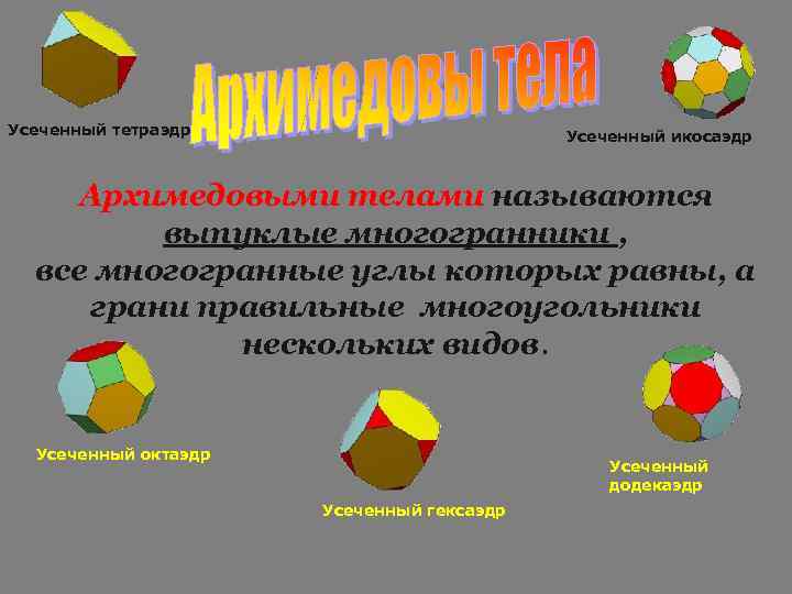 Усеченный тетраэдр Усеченный икосаэдр Архимедовыми телами называются выпуклые многогранники , все многогранные углы которых