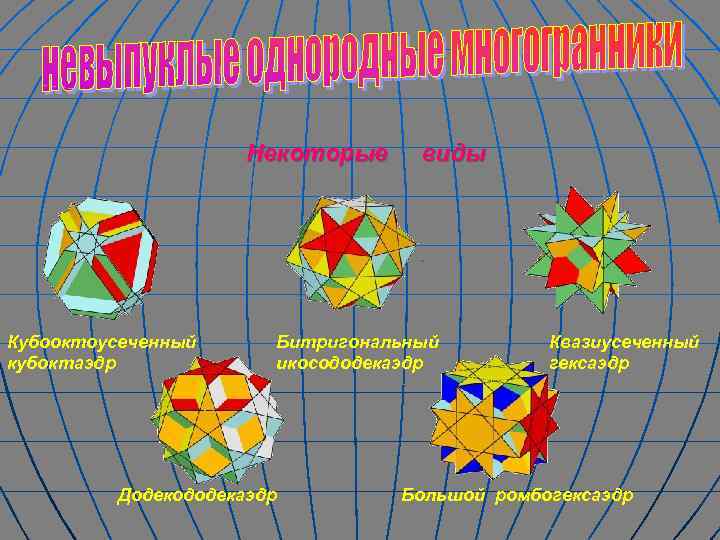 Некоторые Кубооктоусеченный кубоктаэдр виды Битригональный икосододекаэдр Додекододекаэдр Квазиусеченный гексаэдр Большой ромбогексаэдр 