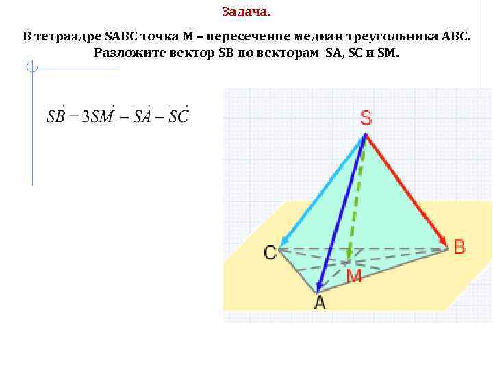 Задача. В тетраэдре SABC точка М – пересечение медиан треугольника АВС. Разложите вектор SB