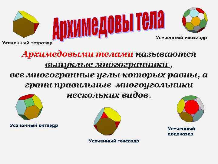 Усеченный икосаэдр Усеченный тетраэдр Архимедовыми телами называются выпуклые многогранники , все многогранные углы которых