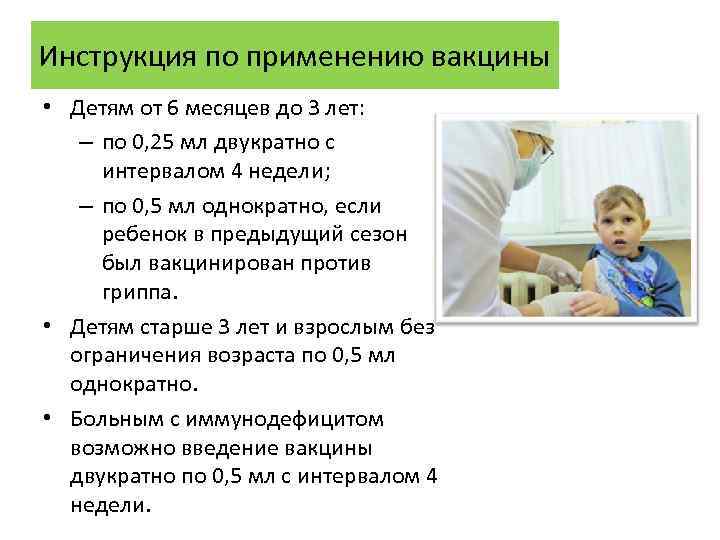 Инструкция по применению вакцины • Детям от 6 месяцев до 3 лет: – по
