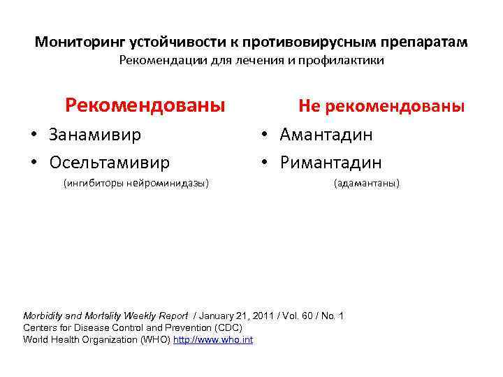Мониторинг устойчивости к противовирусным препаратам Рекомендации для лечения и профилактики Рекомендованы • Занамивир •