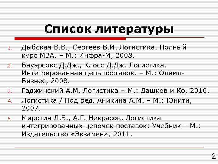 Список литературы 1. 2. 3. 4. 5. Дыбская В. В. , Сергеев В. И.