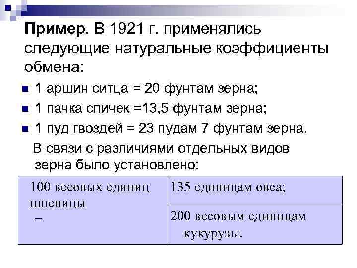 Пример. В 1921 г. применялись следующие натуральные коэффициенты обмена: 1 аршин ситца = 20