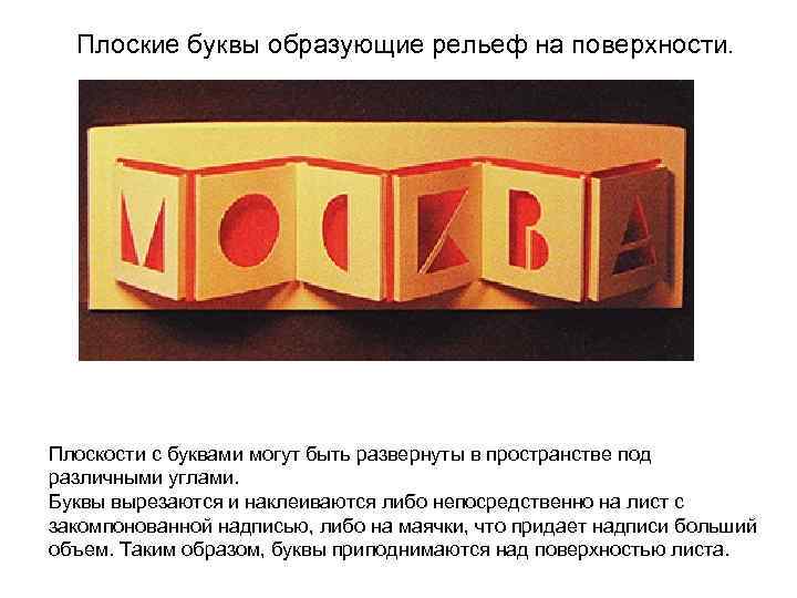  Плоские буквы образующие рельеф на поверхности. Плоскости с буквами могут быть развернуты в