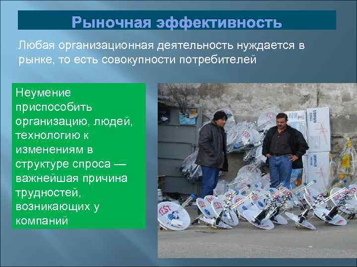 Рыночная эффективность Любая организационная деятельность нуждается в рынке, то есть совокупности потребителей Неумение приспособить