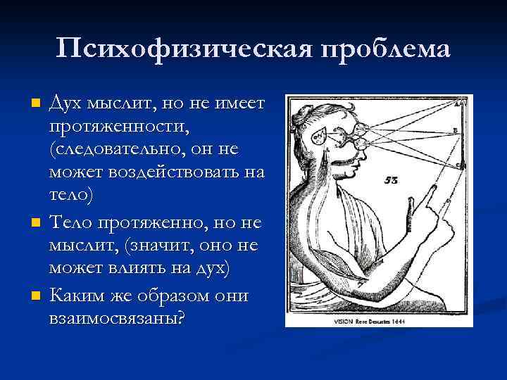 Психофизическая проблема n n n Дух мыслит, но не имеет протяженности, (следовательно, он не