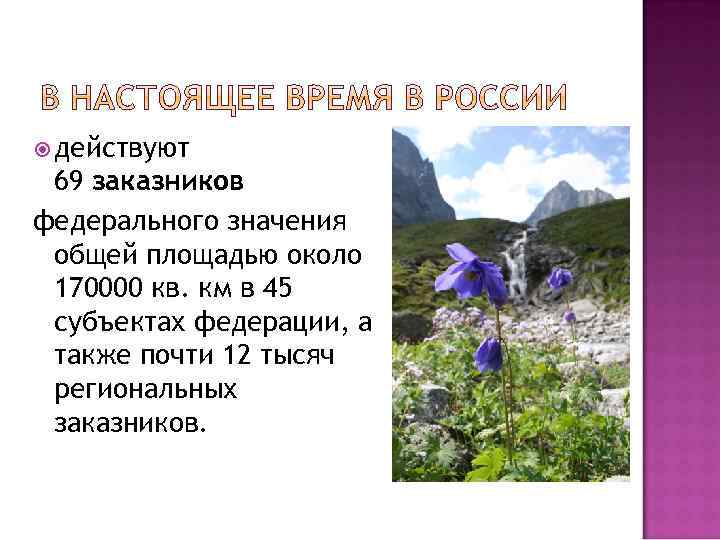  действуют 69 заказников федерального значения общей площадью около 170000 кв. км в 45