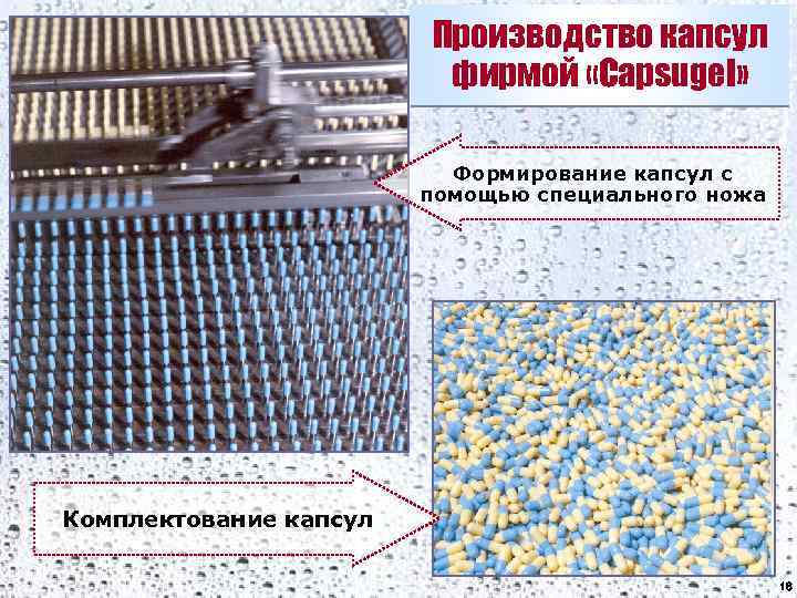 Производство капсул фирмой «Capsugel» Формирование капсул с помощью специального ножа Комплектование капсул 16 