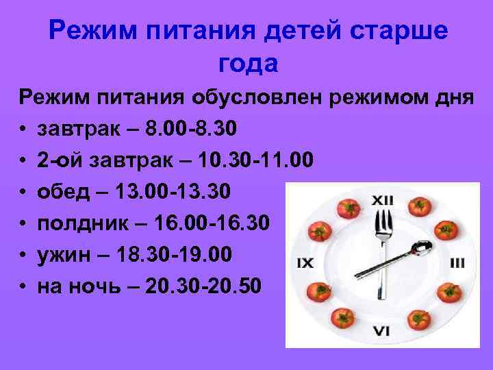Режим питания детей старше года Режим питания обусловлен режимом дня • завтрак – 8.