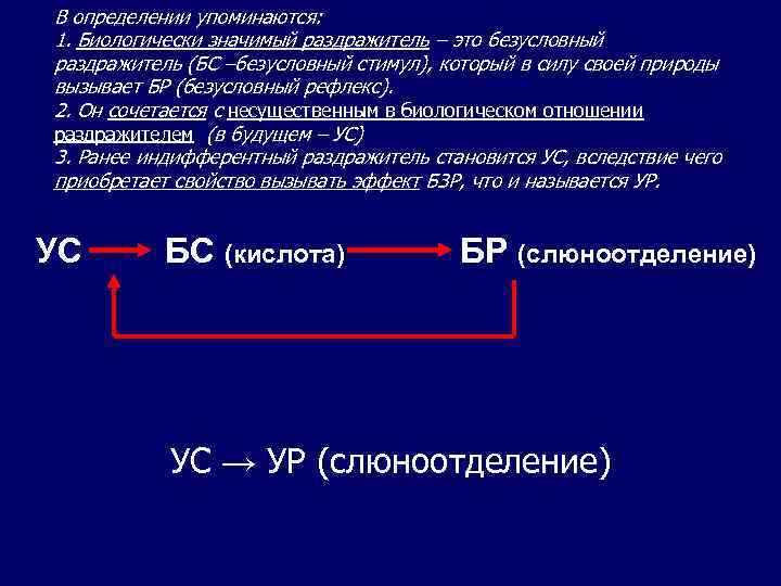 В определении упоминаются: 1. Биологически значимый раздражитель – это безусловный раздражитель (БС –безусловный стимул),