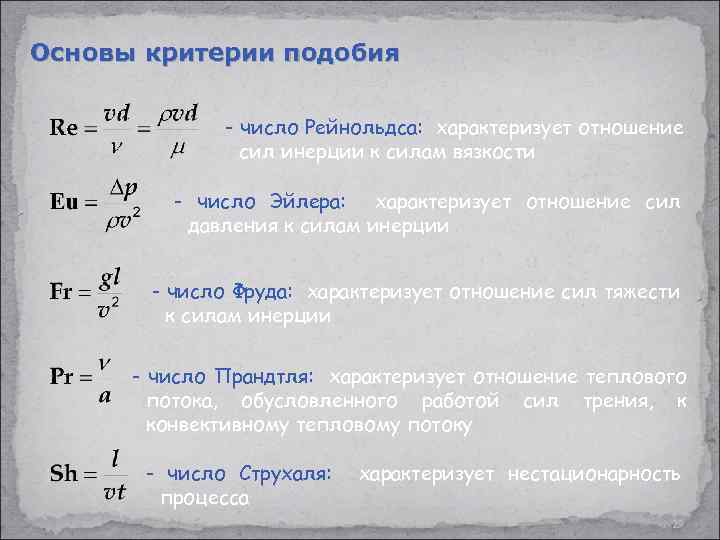 Основы критерии подобия - число Рейнольдса: характеризует отношение сил инерции к силам вязкости -