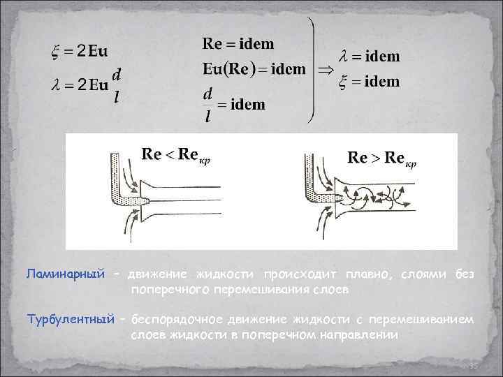 Ламинарный – движение жидкости происходит плавно, слоями без поперечного перемешивания слоев Турбулентный – беспорядочное
