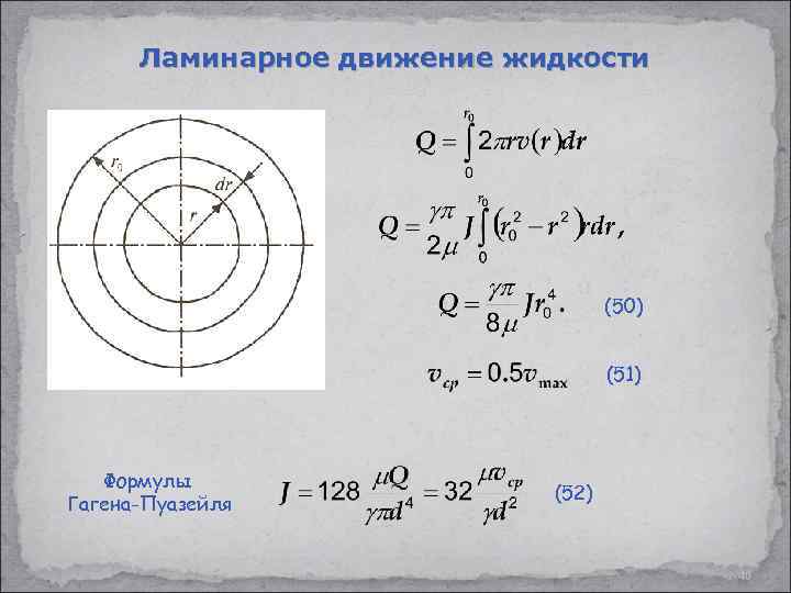 Ламинарное движение жидкости (50) (51) Формулы Гагена-Пуазейля (52) 40 