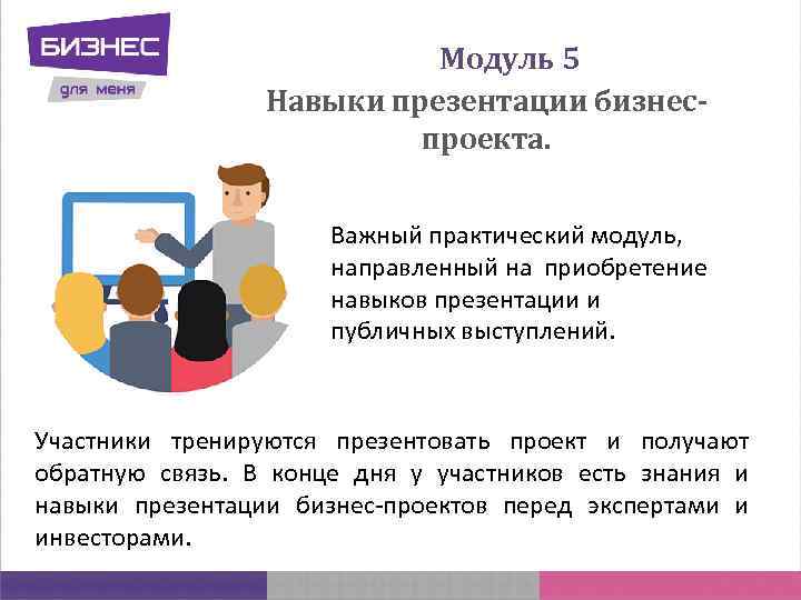Модуль 5 Навыки презентации бизнеспроекта. Важный практический модуль, направленный на приобретение навыков презентации и