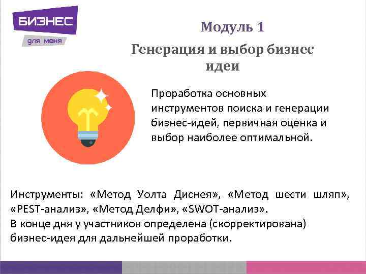 Модуль 1 Генерация и выбор бизнес идеи Проработка основных инструментов поиска и генерации бизнес-идей,