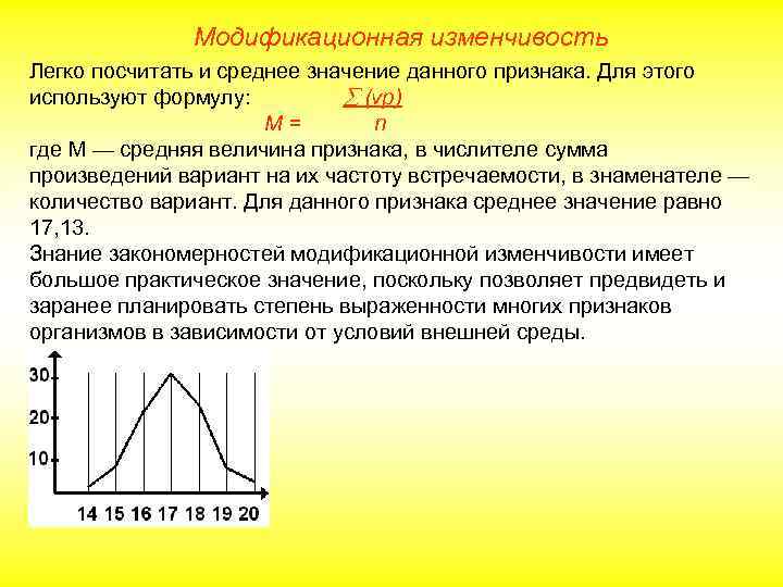 Модификационная изменчивость Легко посчитать и среднее значение данного признака. Для этого используют формулу: (vp)