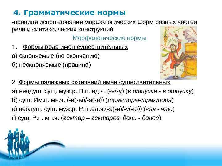 4. Грамматические нормы -правила использования морфологических форм разных частей речи и синтаксических конструкций. Морфологические