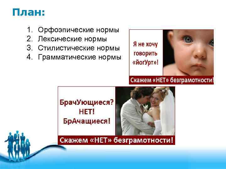 План: 1. 2. 3. 4. Орфоэпические нормы Лексические нормы Стилистические нормы Грамматические нормы 