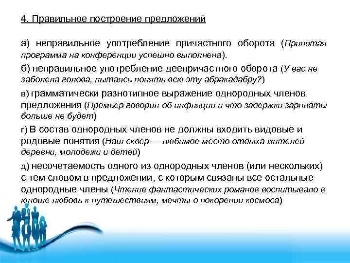 4. Правильное построение предложений а) неправильное употребление причастного оборота (Принятая программа на конференции успешно