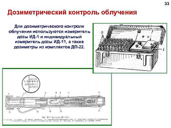 33 Дозиметрический контроль облучения Для дозиметрического контроля облучения используются измеритель дозы ИД-1 и индивидуальный