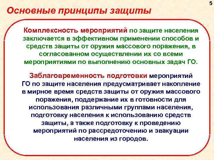 Основные принципы защиты Комплексность мероприятий по защите населения заключается в эффективном применении способов и