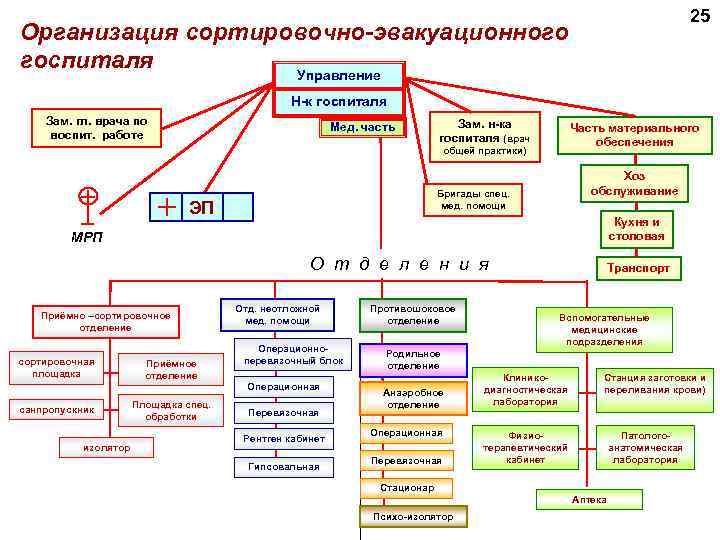 25 Организация сортировочно-эвакуационного госпиталя Управление Н-к госпиталя Зам. гл. врача по воспит. работе Мед.