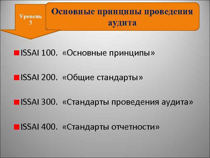 Уровень 3 Основные принципы проведения аудита ISSAI 100. «Основные принципы» ISSAI 200. «Общие стандарты»