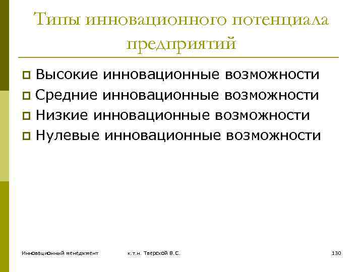 Типы инновационного потенциала предприятий Высокие инновационные возможности p Средние инновационные возможности p Низкие инновационные