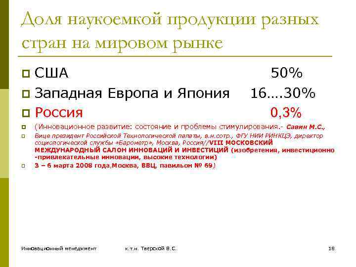 Доля наукоемкой продукции разных стран на мировом рынке США p Западная Европа и Япония