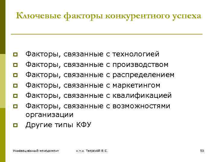 Ключевые факторы конкурентного успеха p p p p Факторы, связанные Факторы, связанные организации Другие