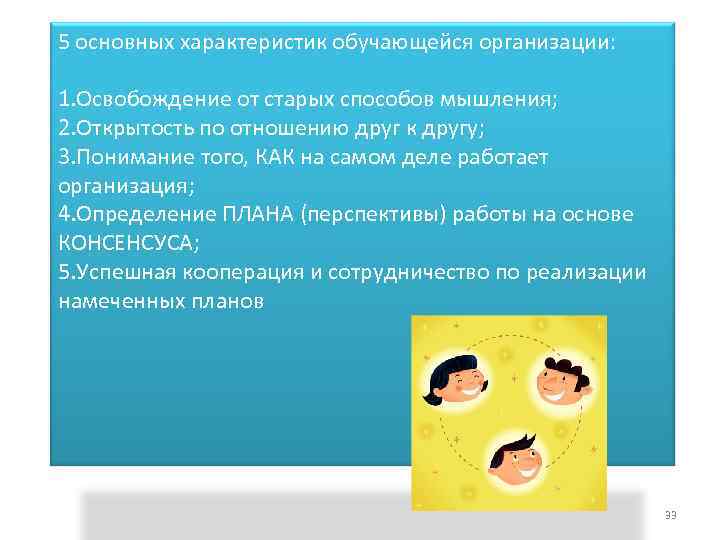 5 основных характеристик обучающейся организации: 1. Освобождение от старых способов мышления; 2. Открытость по