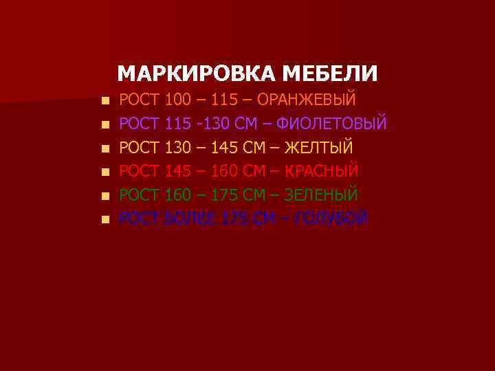 МАРКИРОВКА МЕБЕЛИ n n n РОСТ 100 – 115 – ОРАНЖЕВЫЙ РОСТ 115 -130