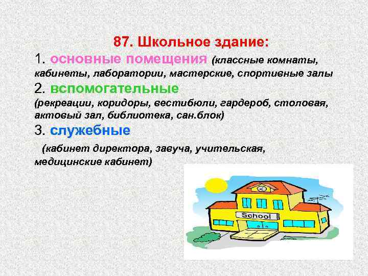 87. Школьное здание: 1. основные помещения (классные комнаты, кабинеты, лаборатории, мастерские, спортивные залы 2.