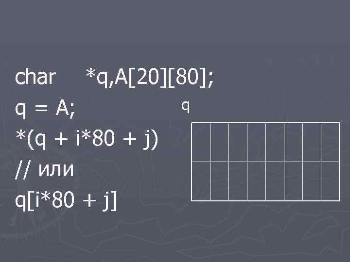 char *q, A[20][80]; q q = A; *(q + i*80 + j) // или